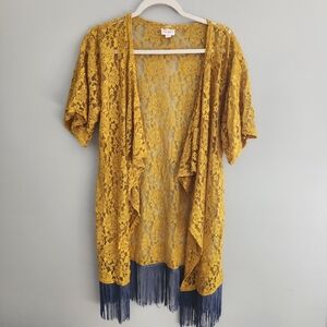 LuLaRoe Monroe Kimono Yellow Gold Lace With Periwinkle Fringe